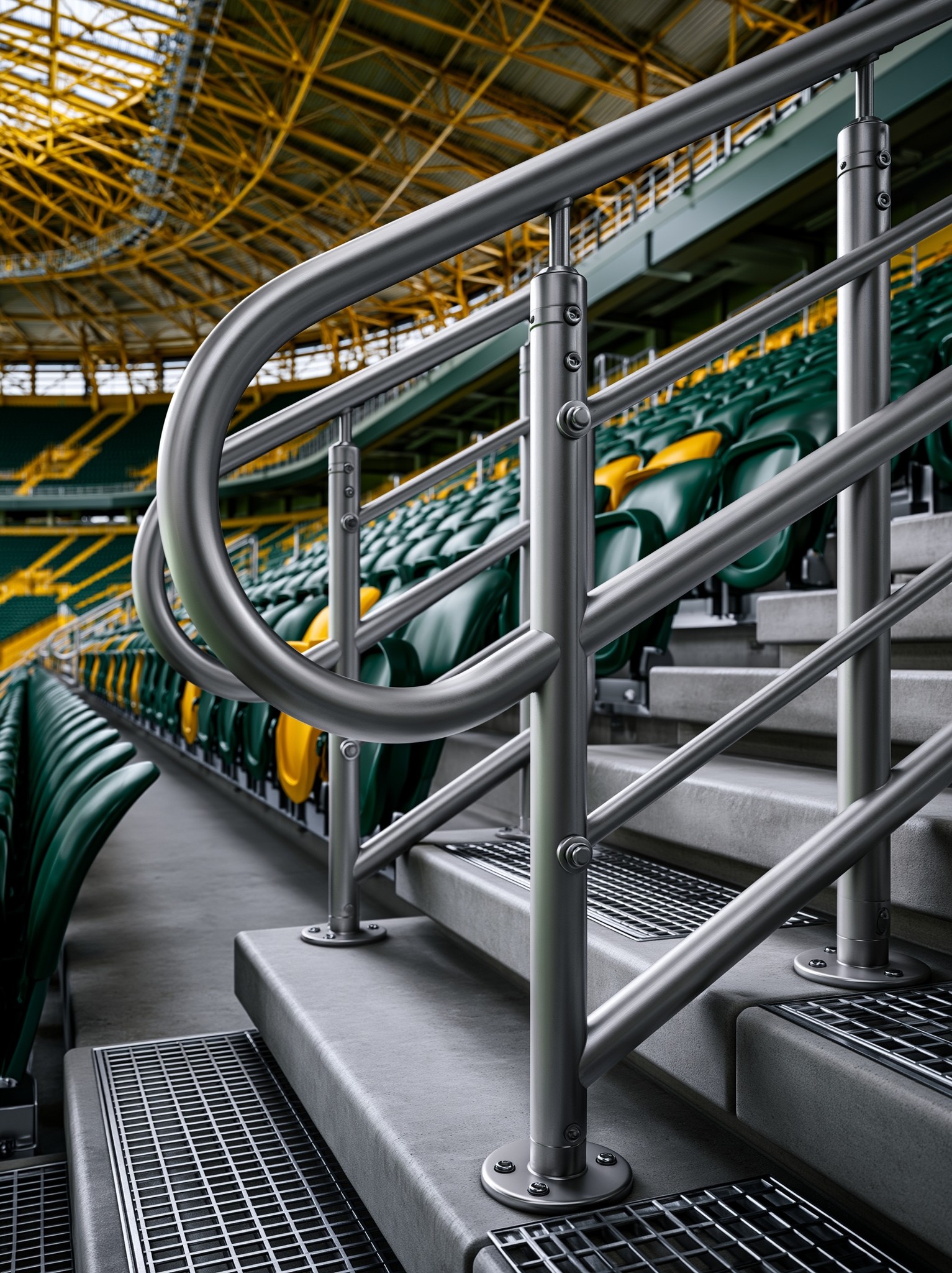 A realistic 3D mockup of stadium handrails installed inside...