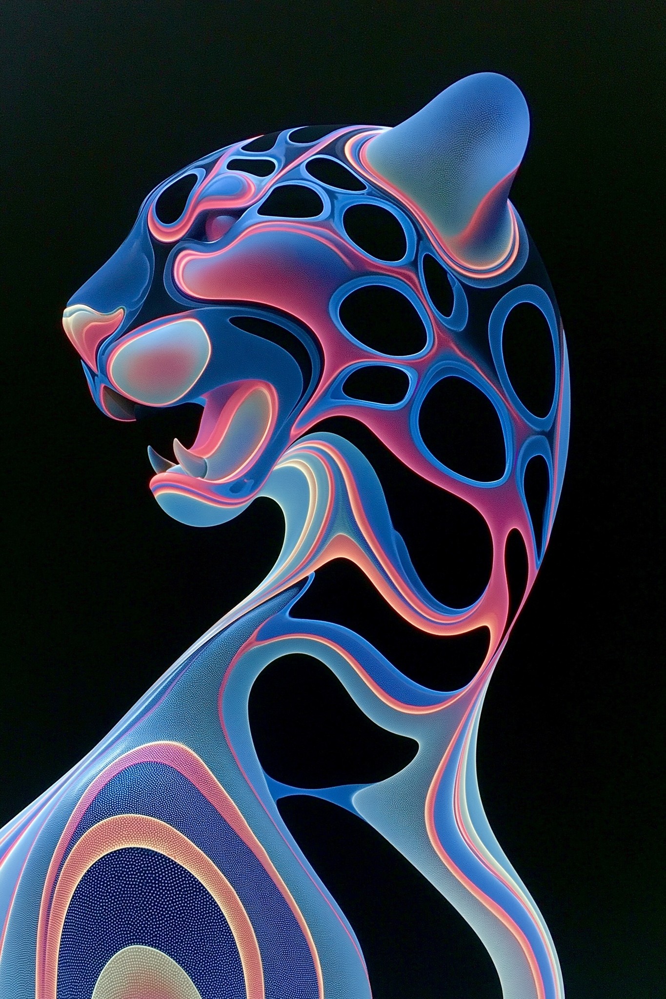 Macro shot liquid chrome panther emerging from black fluid...