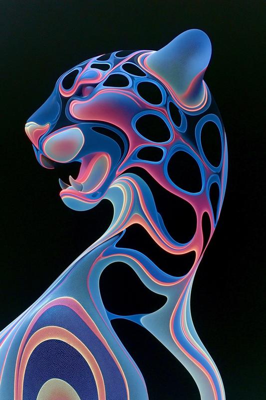 Macro shot liquid chrome panther emerging from black fluid...