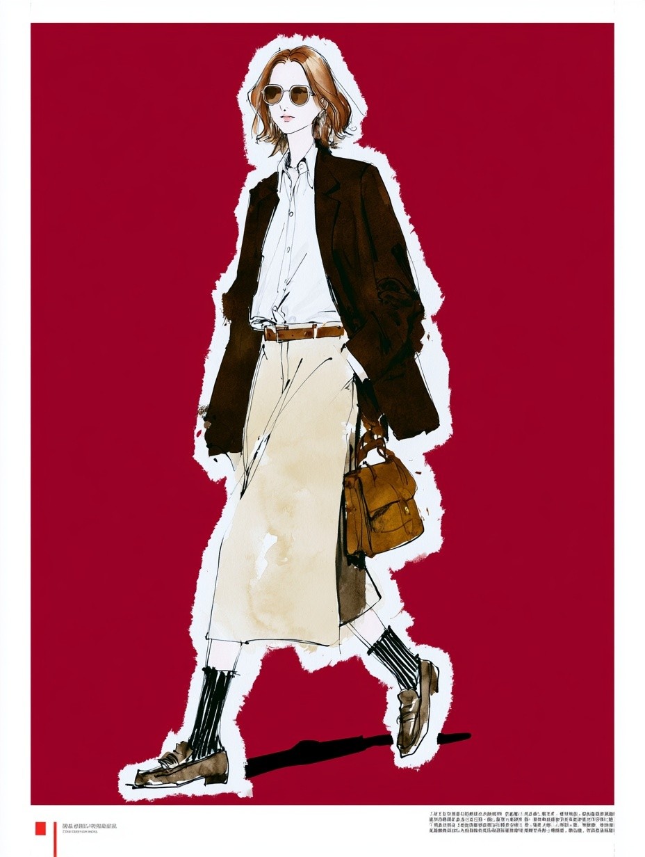 French casual sketch style fashion illustration slender elegant old...