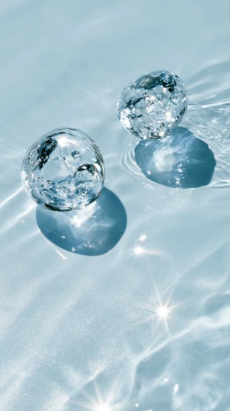 Crystal clear water droplets suspended in motion pale blue...