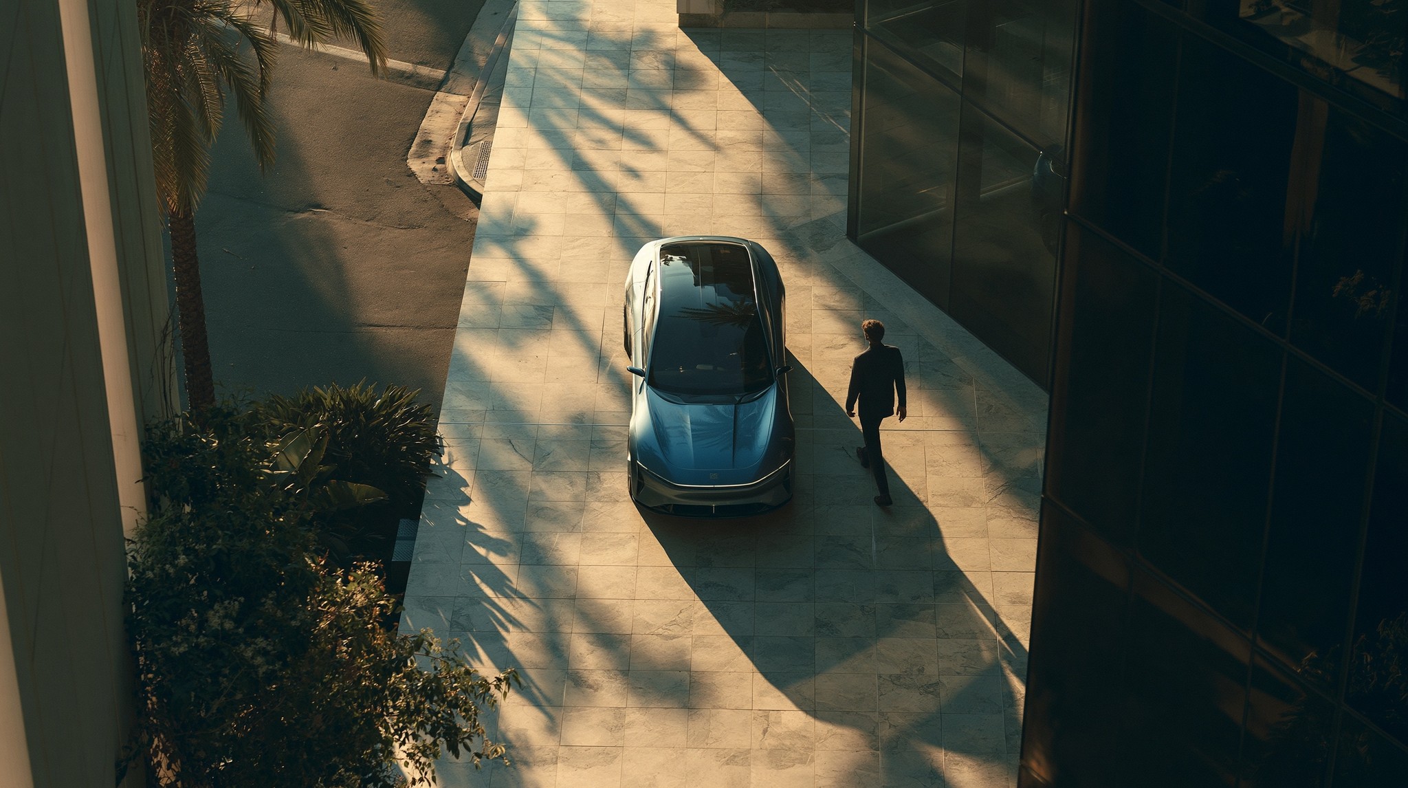 Top down overhead shot 80 degree high angle futuristic...