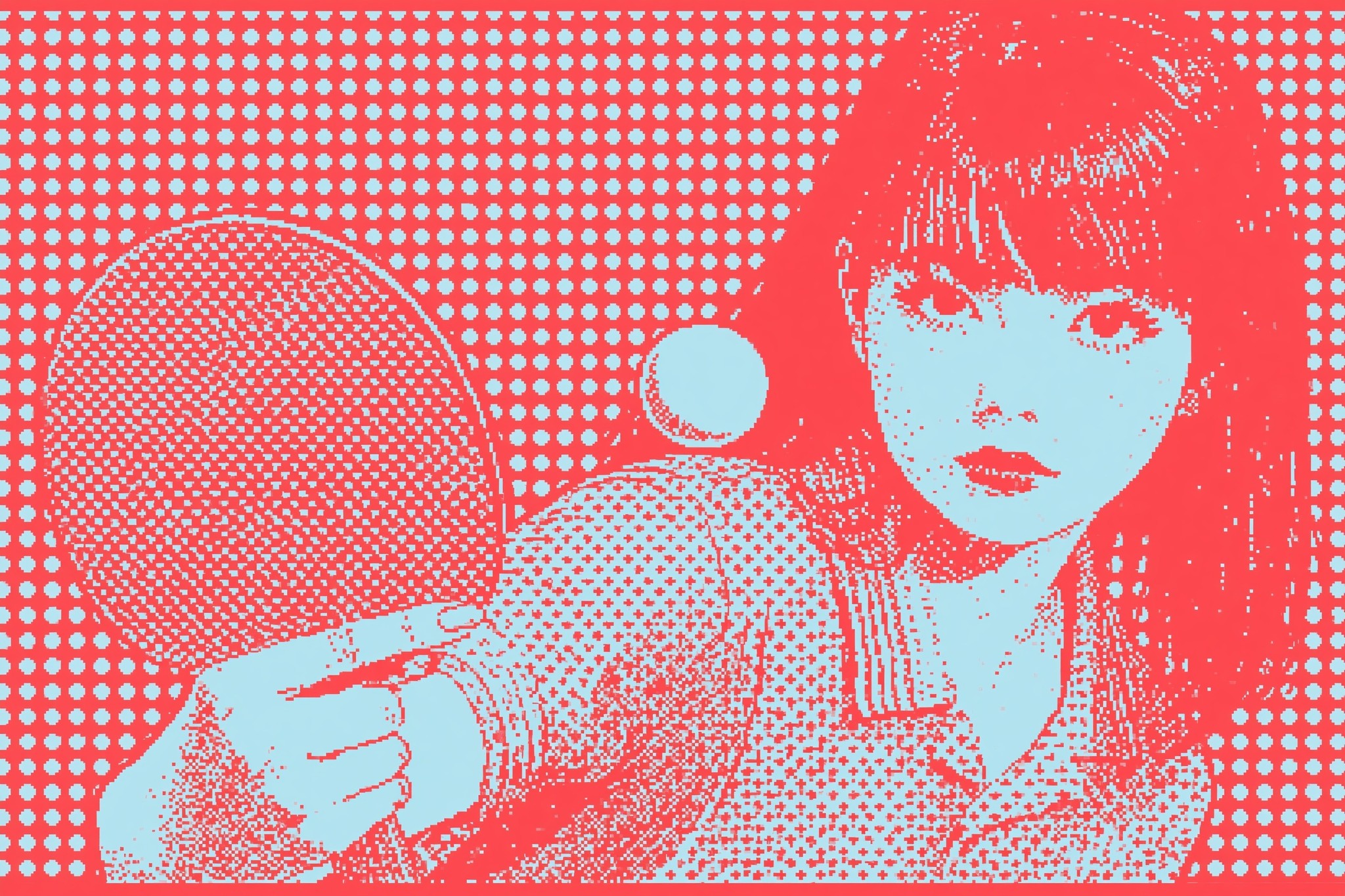 a red and white illustration depicts an adult female...