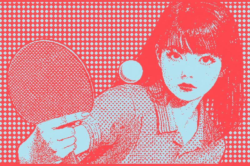 a red and white illustration depicts an adult female...