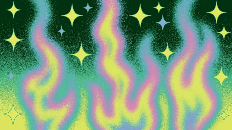 Airbrush illustration flames and sparkles as gradients background green...