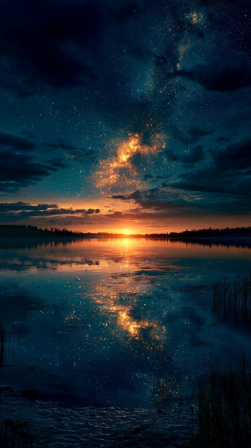 A tranquil night lake perfectly reflecting a sky full...