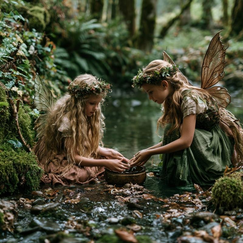 whimsical fairies near a stream in a lush forest...