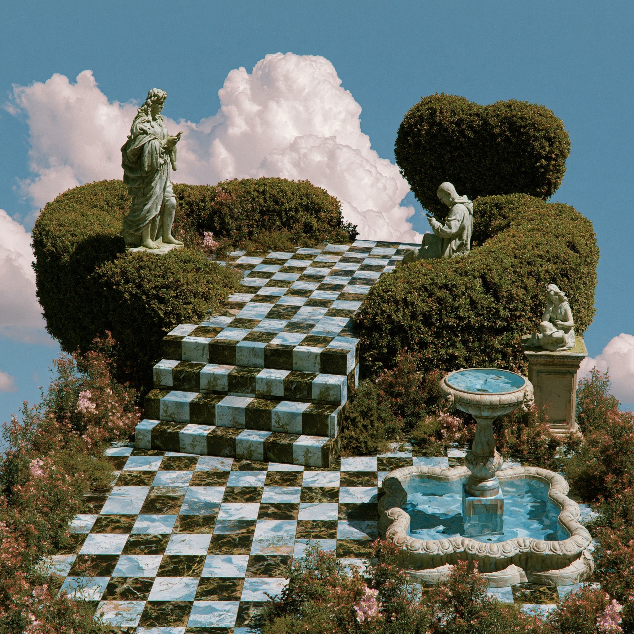 floating path made of black and white checker tiles...
