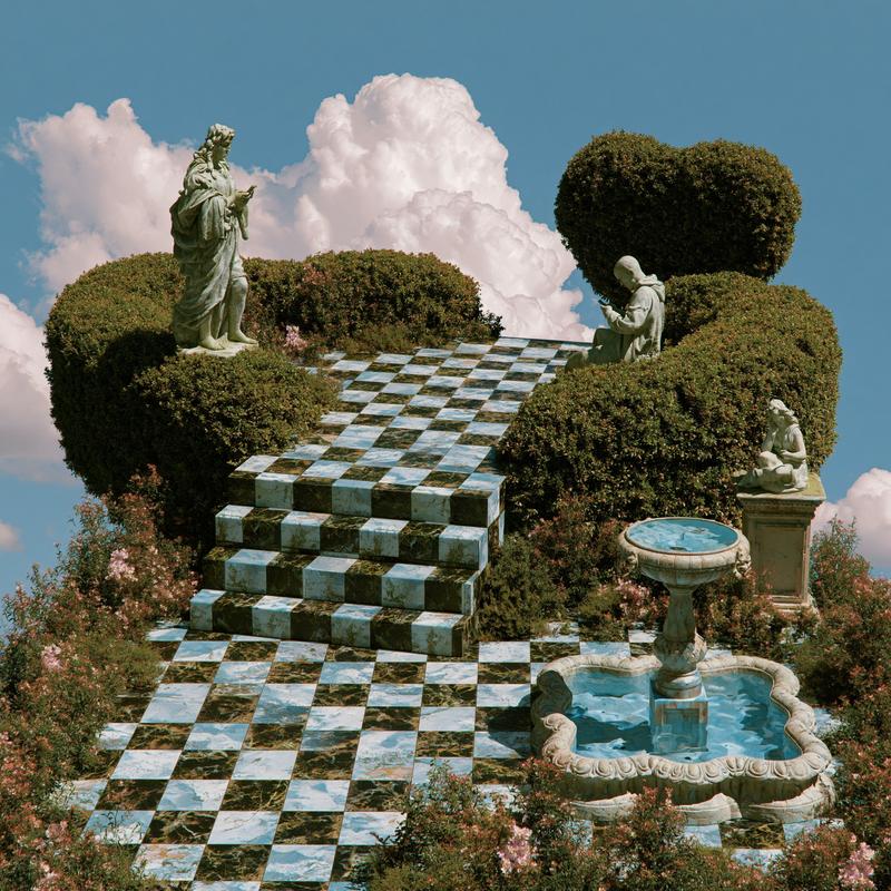 floating path made of black and white checker tiles...