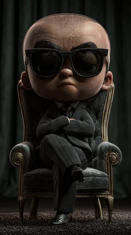 3D-style baby wearing a sharp tailored suit sitting confidently...