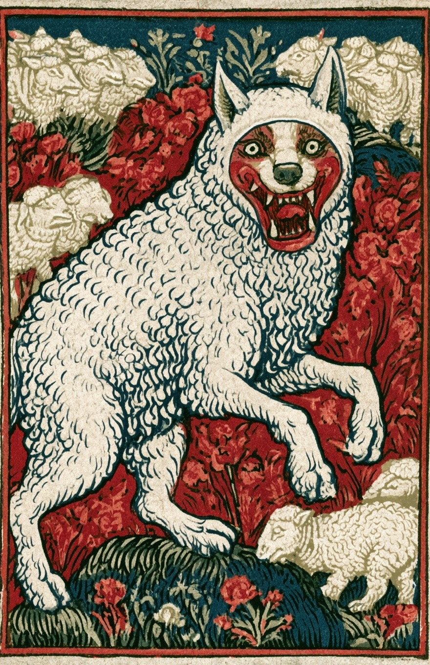 Wolf in sheep costume 14th century fable illustration...
