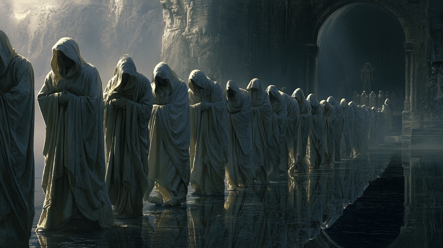 Creepshow comic art style a procession of white-cloaked worshippers...