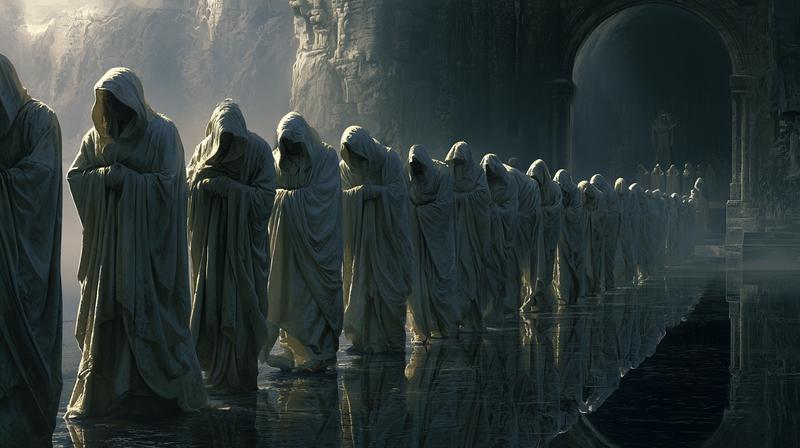 Creepshow comic art style a procession of white-cloaked worshippers...