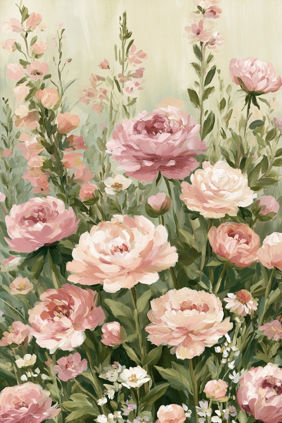Summer flowers field print pink green modern floral painting...