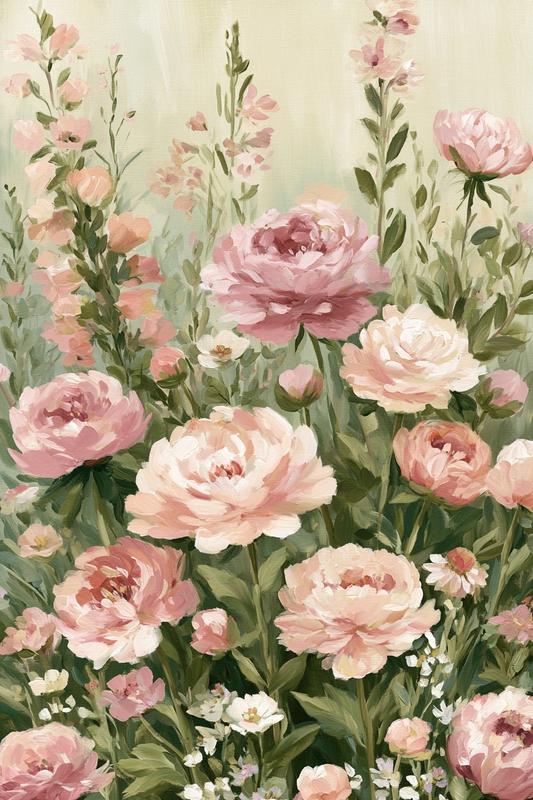 Summer flowers field print pink green modern floral painting...