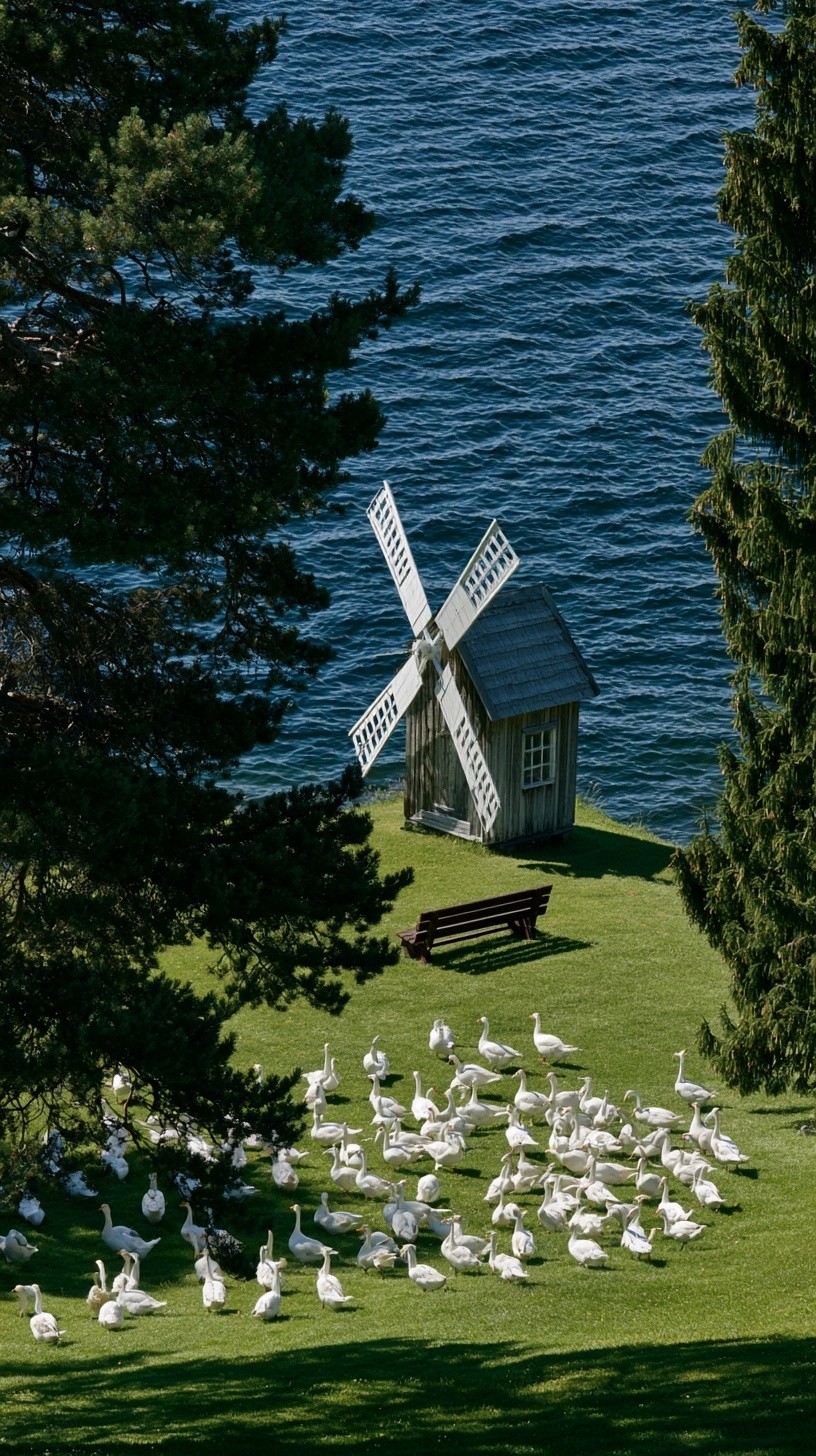 High-angle vertical shot idyllic lakeside scenery tiny vintage wooden...