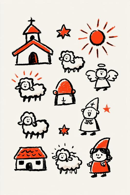 A collection of Christian-themed die-cut style Christmas stickers displayed...