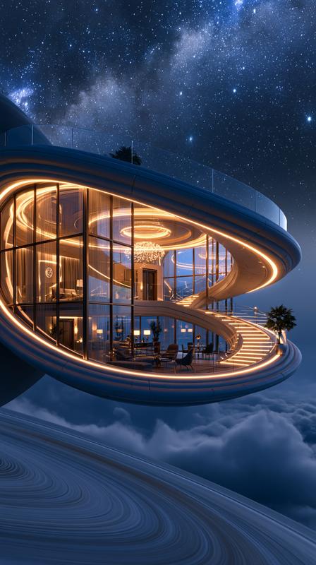 An ultra luxurious futuristic space villa floating above Saturn...