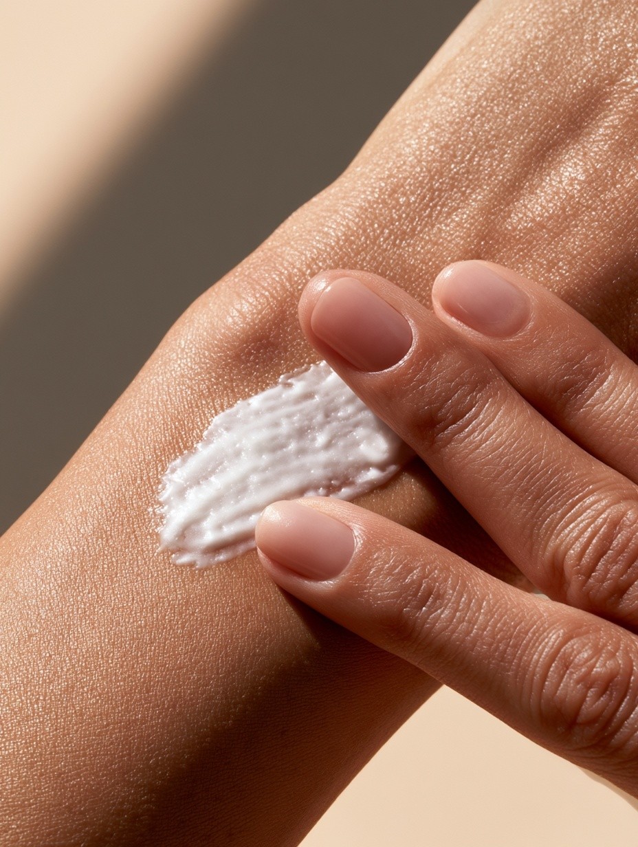 Slow realistic body cream application A woman's hand gently...