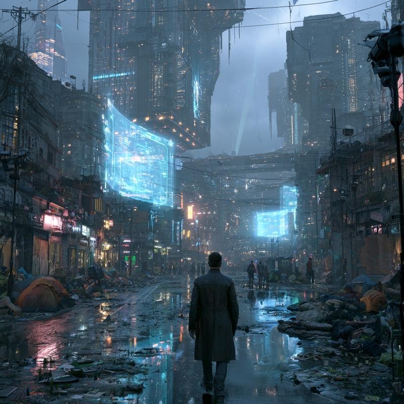 man mid forties walking through a dystopian city 1000...