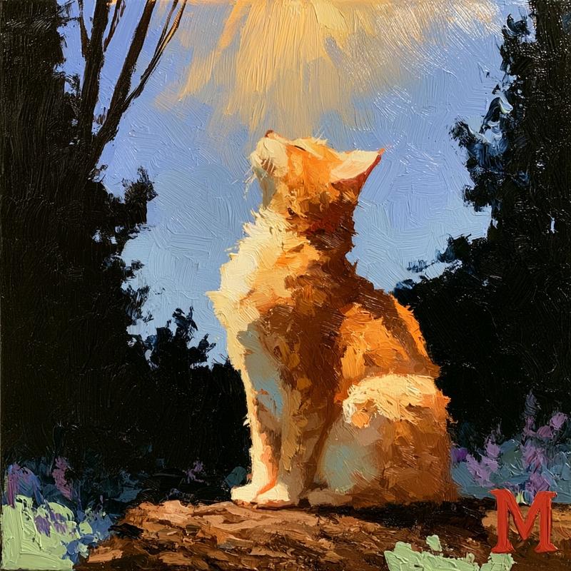 in an impasto oil painting an orange cat with...
