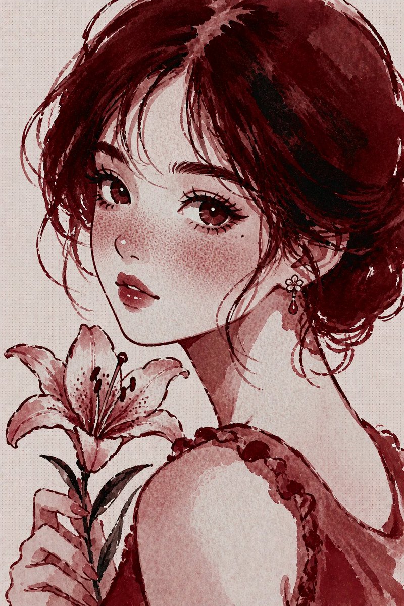酒红色水彩肖像（带遮挡）