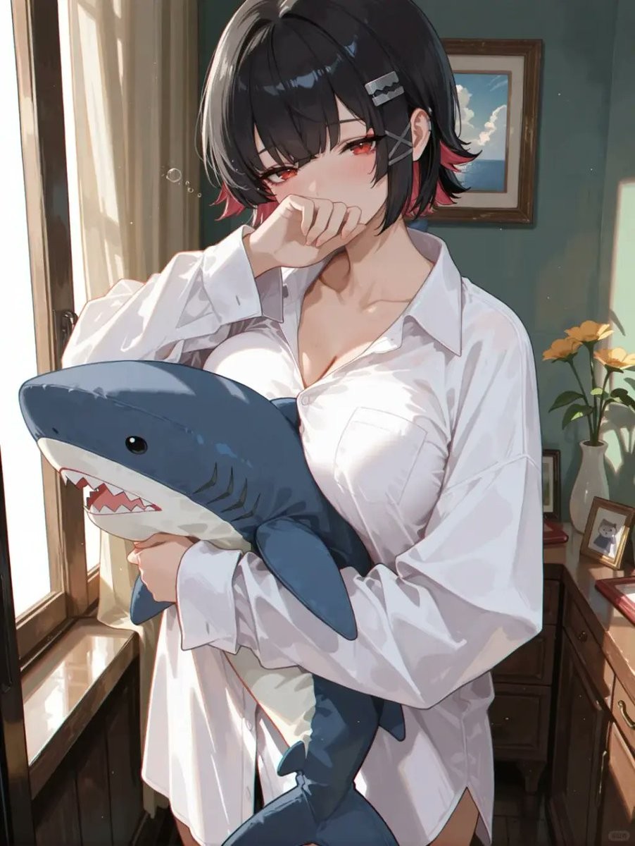 Shy Anime Girl Hugging Shark Plush