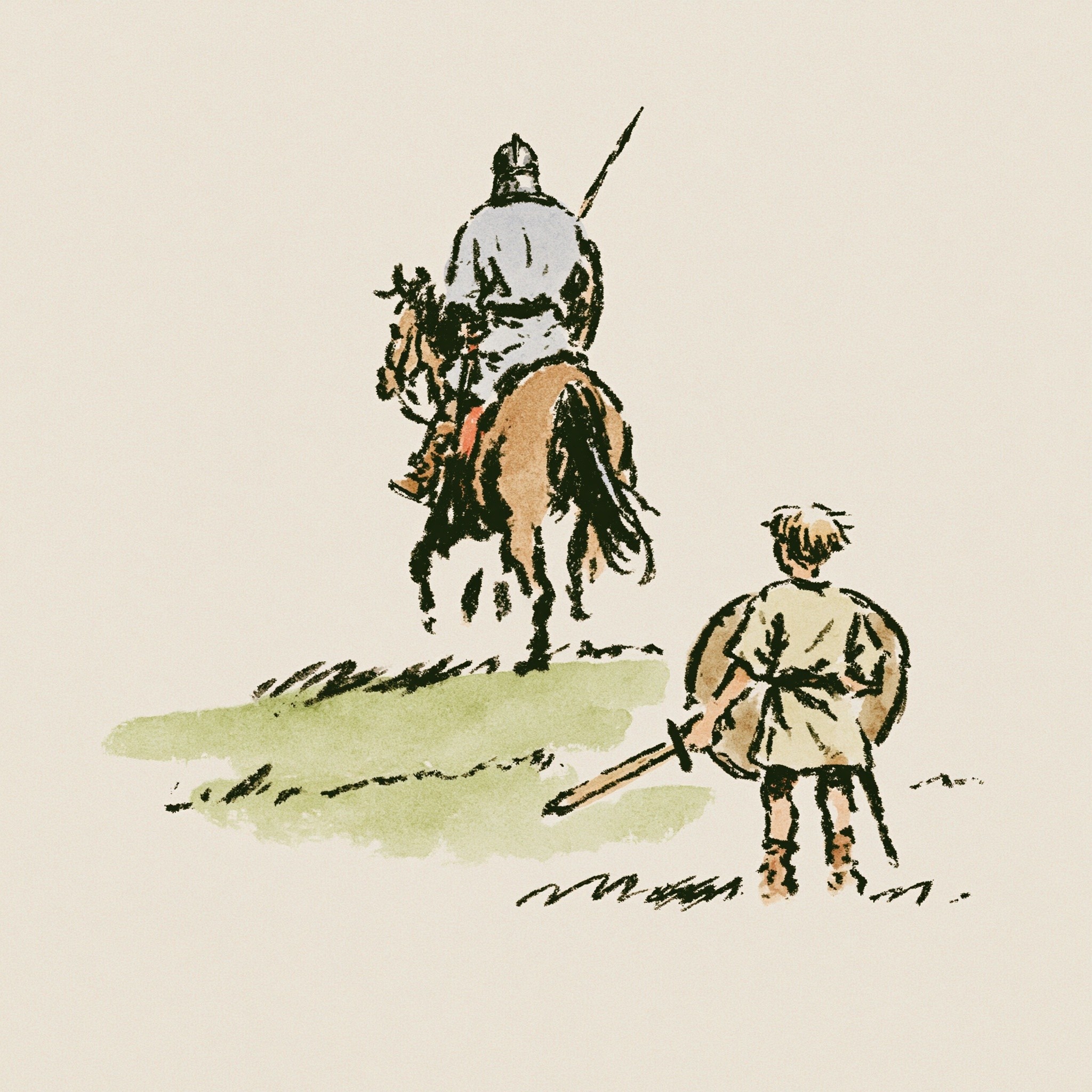 a young boy holding a wooden sword and shield...