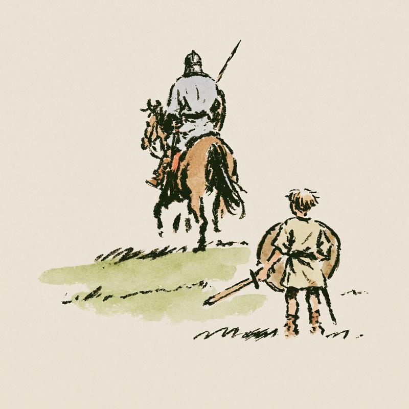 a young boy holding a wooden sword and shield...