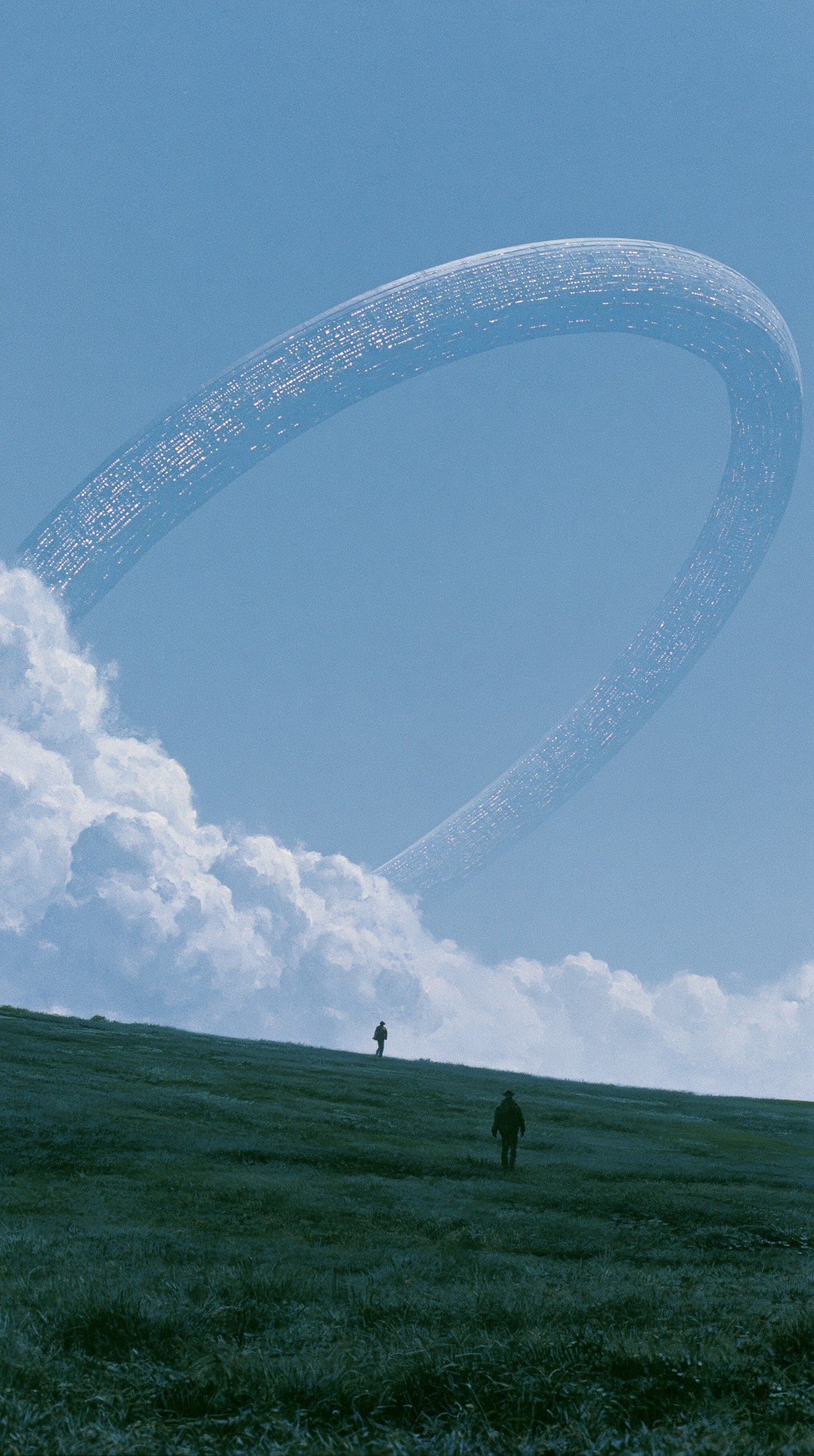A monumental circular megastructure ring floating horizontally high in...