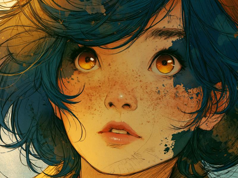 close-up stylized digital portrait of a young freckled woman...