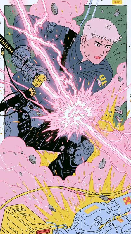 Modern illustration of a cyberpunk swordsman executing a powerful...