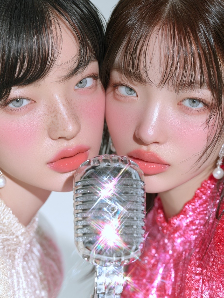 Two beautiful young Korean women pose cheek to cheek...