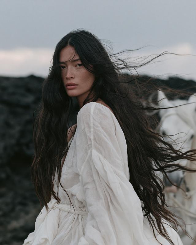 A young woman with long dark wavy hair blowing...