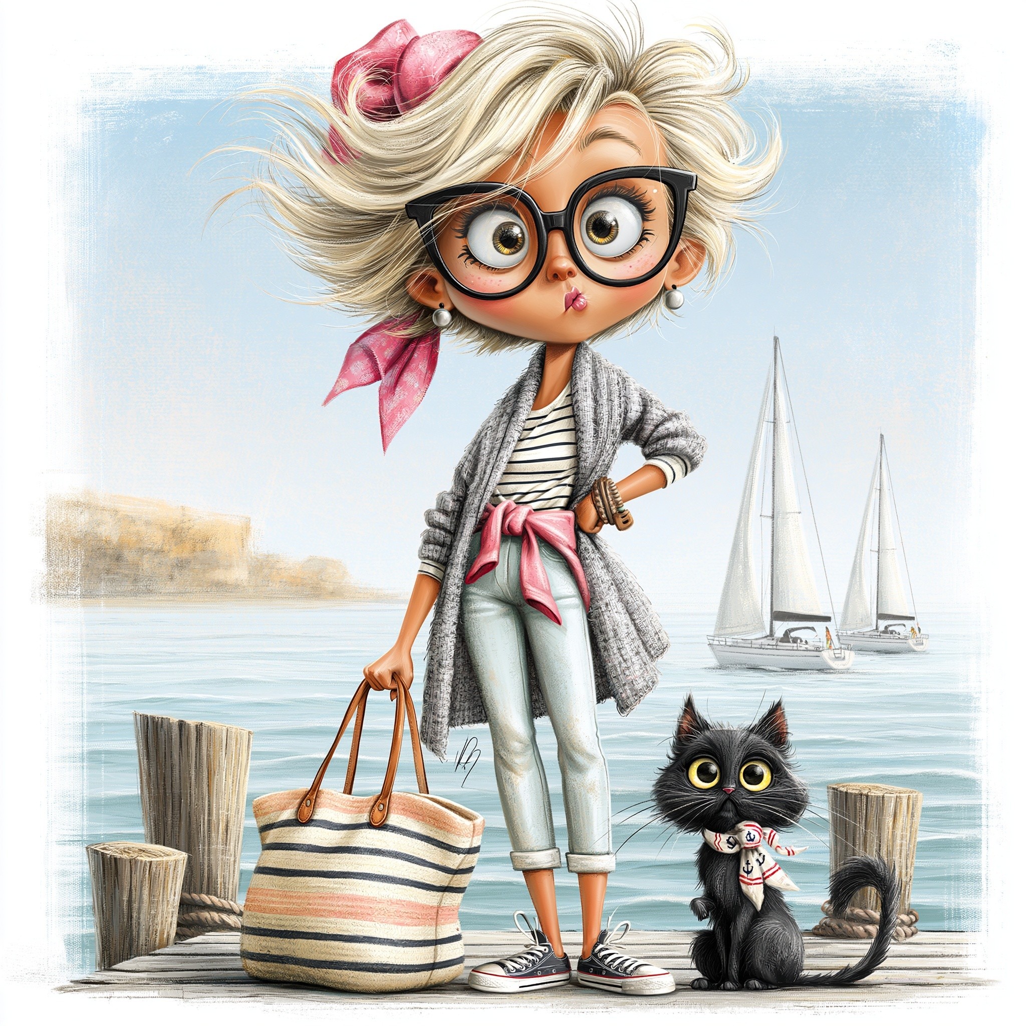stylized fashion illustration character slightly caricatured proportions large expressive...