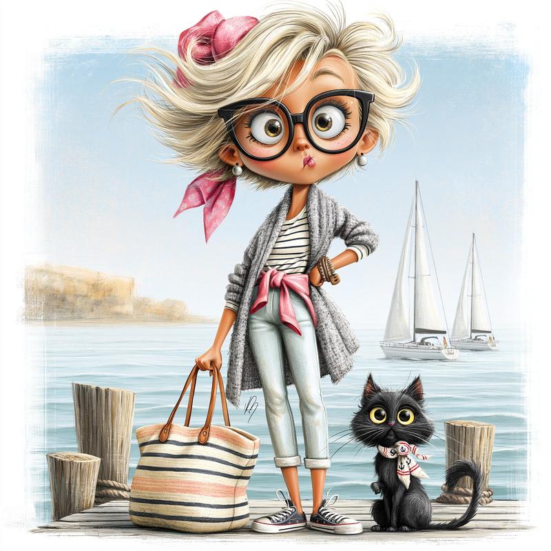 stylized fashion illustration character slightly caricatured proportions large expressive...