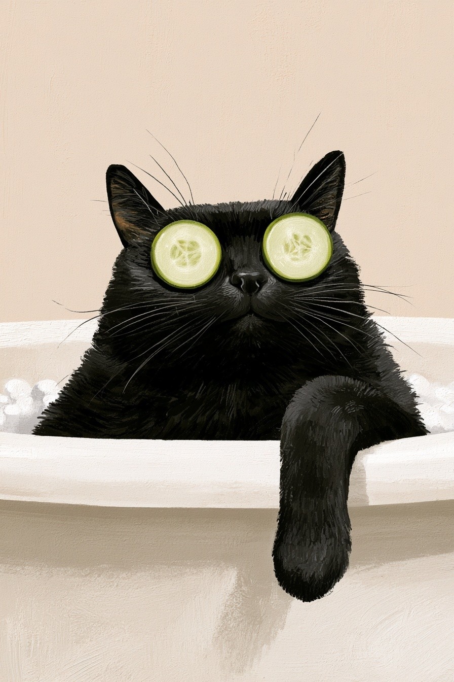 black cat lying in a white bathtub with cucumber...