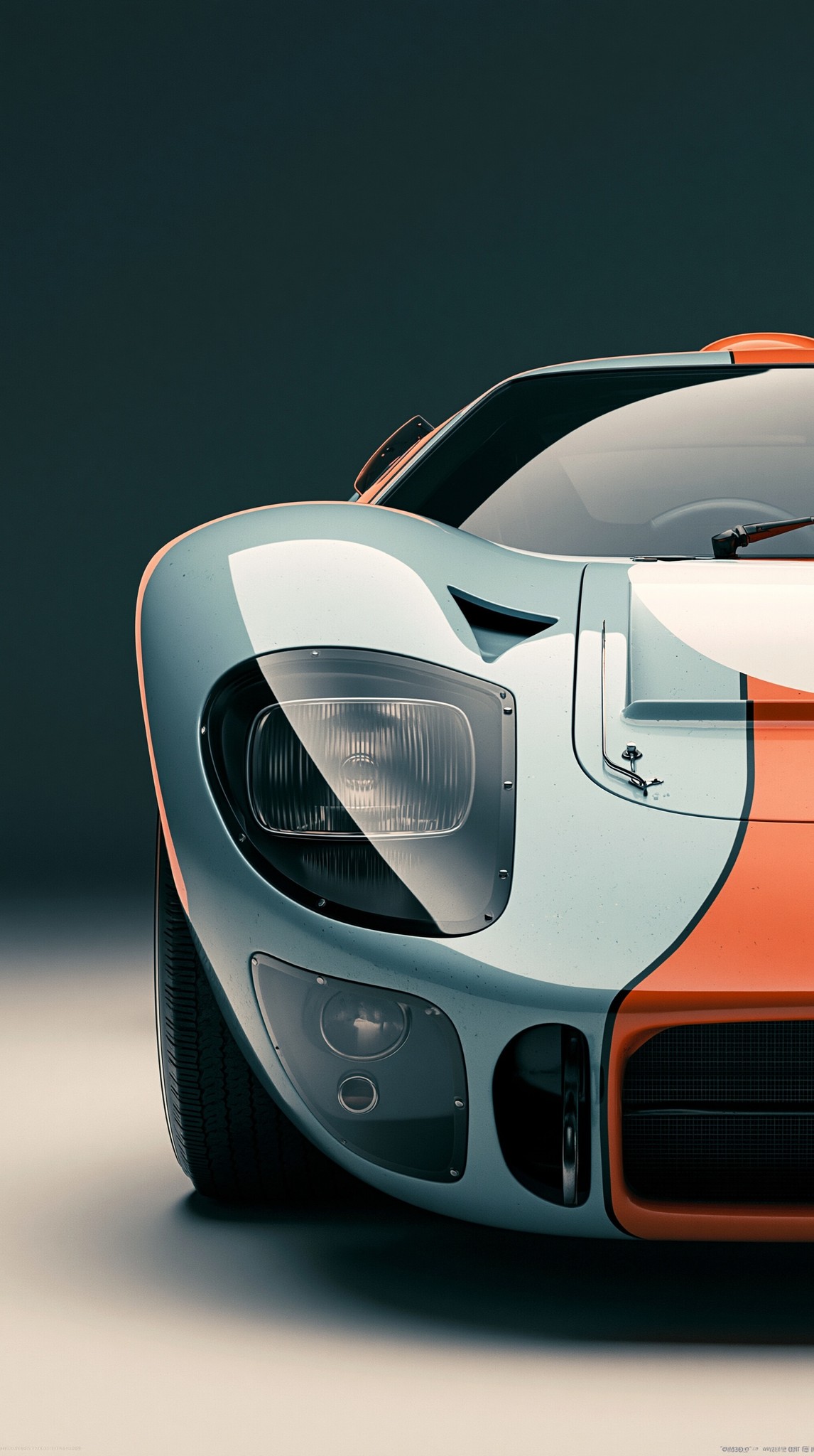 Ultra-realistic close-up of a vintage Gulf-liveried racing car front...
