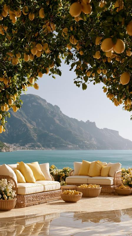 ultra cinematic Amalfi Coast lemon garden terrace lemon trees...