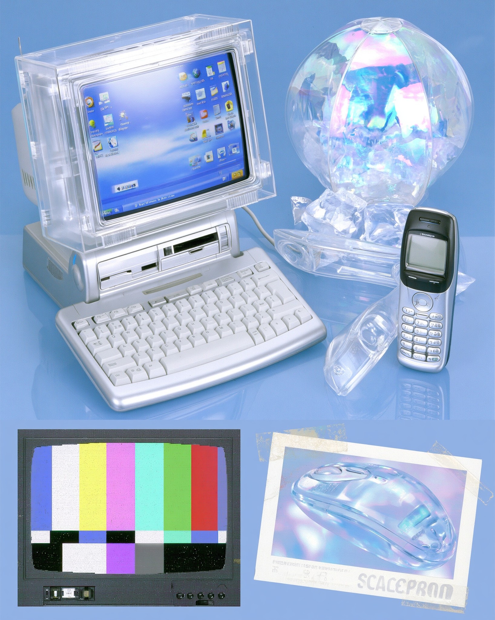 early 2000s cyber nostalgia icy blue monochrome transparent plastic...