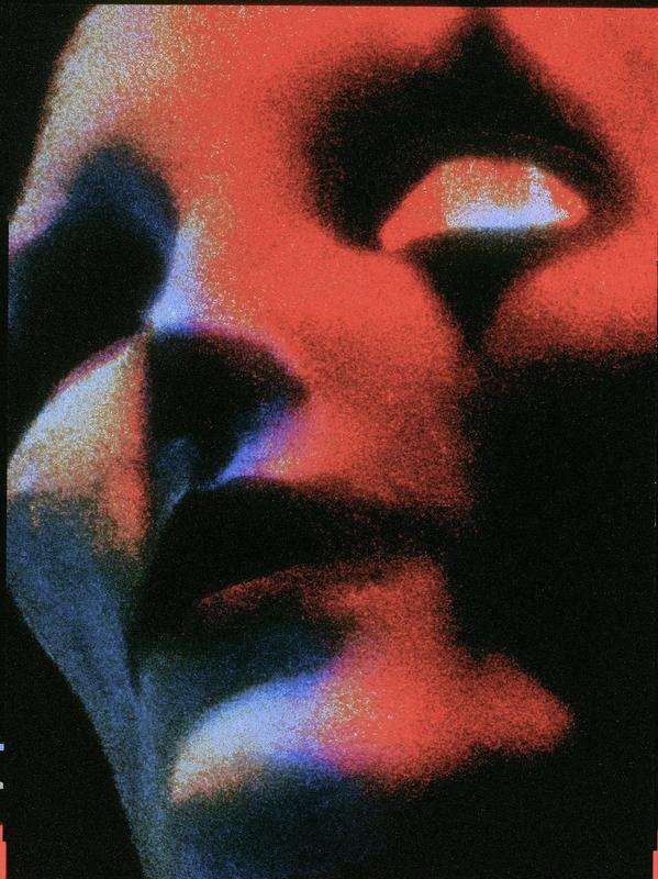 inverted thermographic close-up of a harlequin face tilted up...