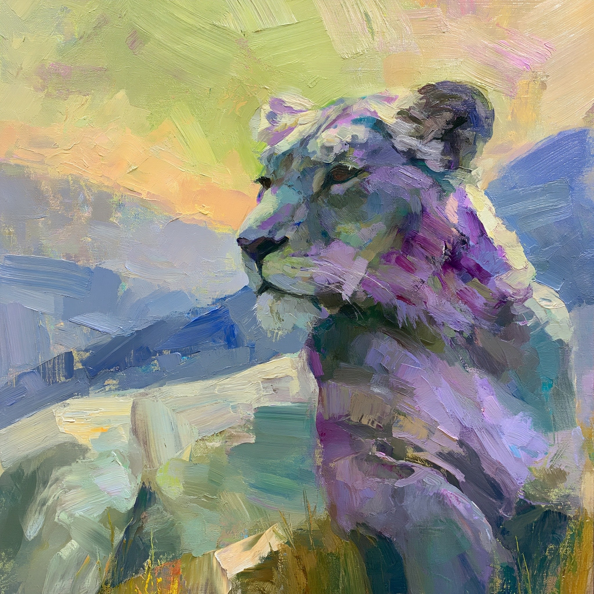 painting of a Close-up of a lioness poised regally...