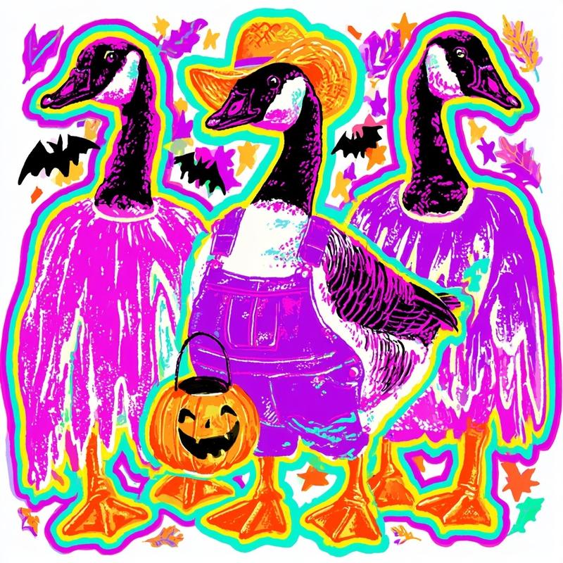A simple digital drawing style featuring three geese in...