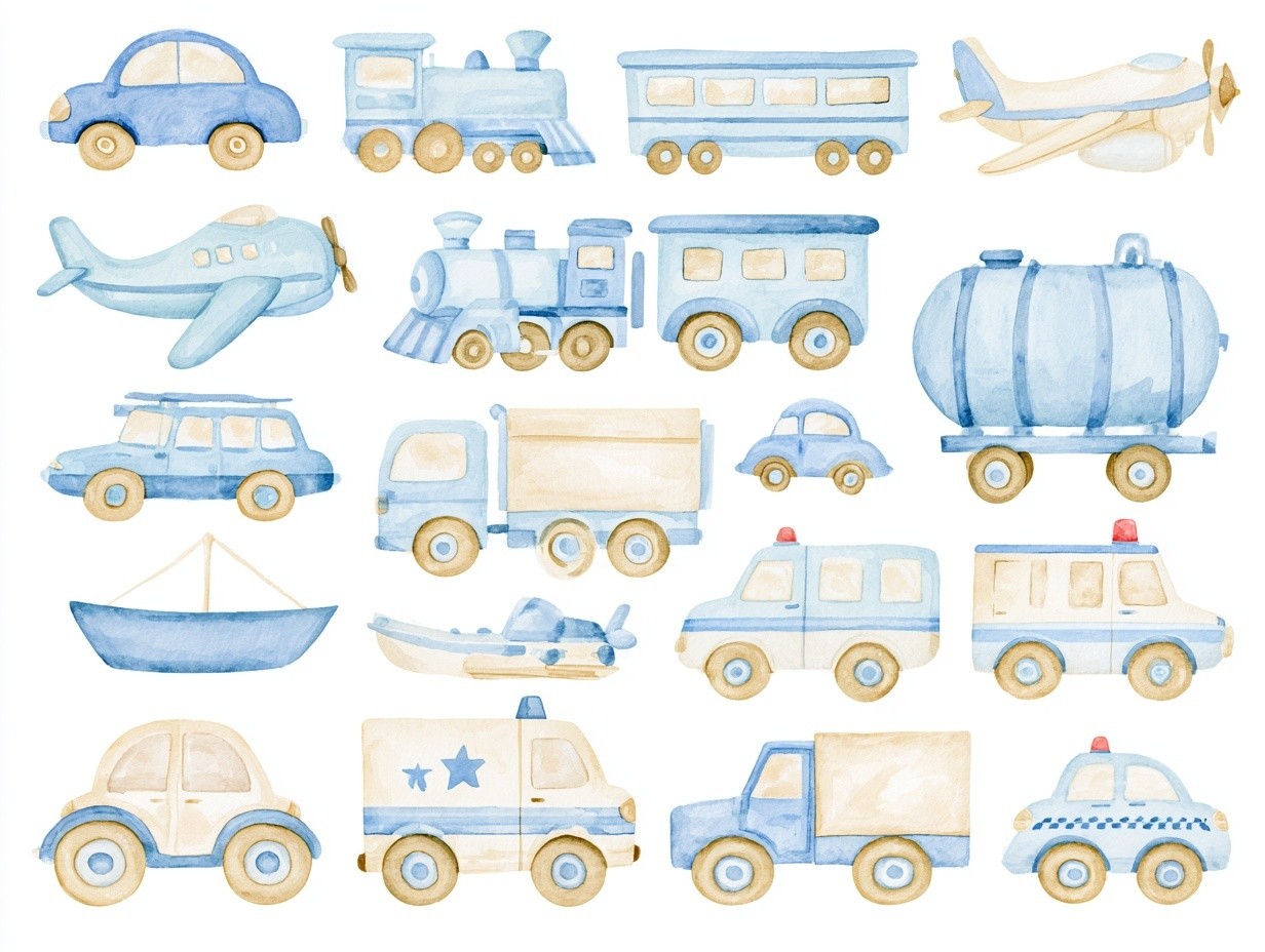 watercolor transportation clipart including multiple vehicules cars train planes...