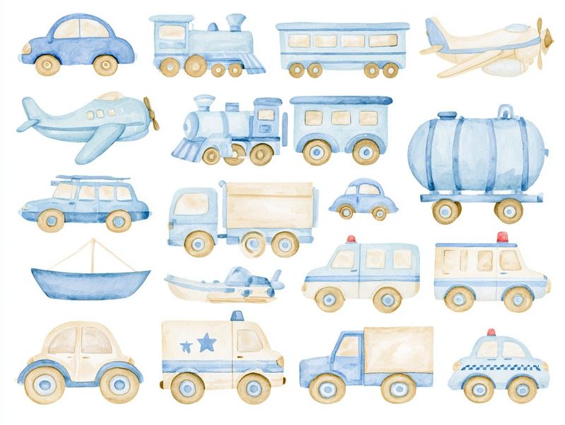 watercolor transportation clipart including multiple vehicules cars train planes...