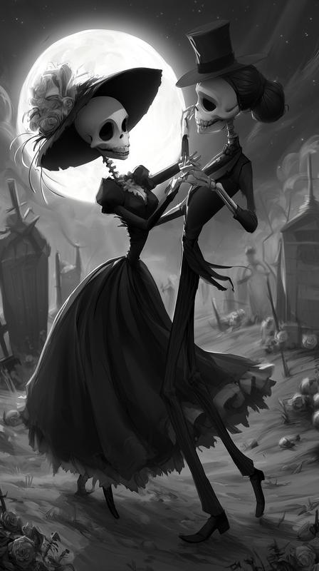 Two skeleton in victorian attire a male and a...