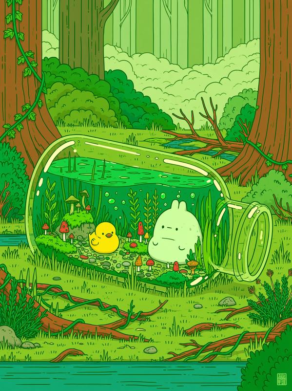 In a secluded forest corner a large transparent glass...