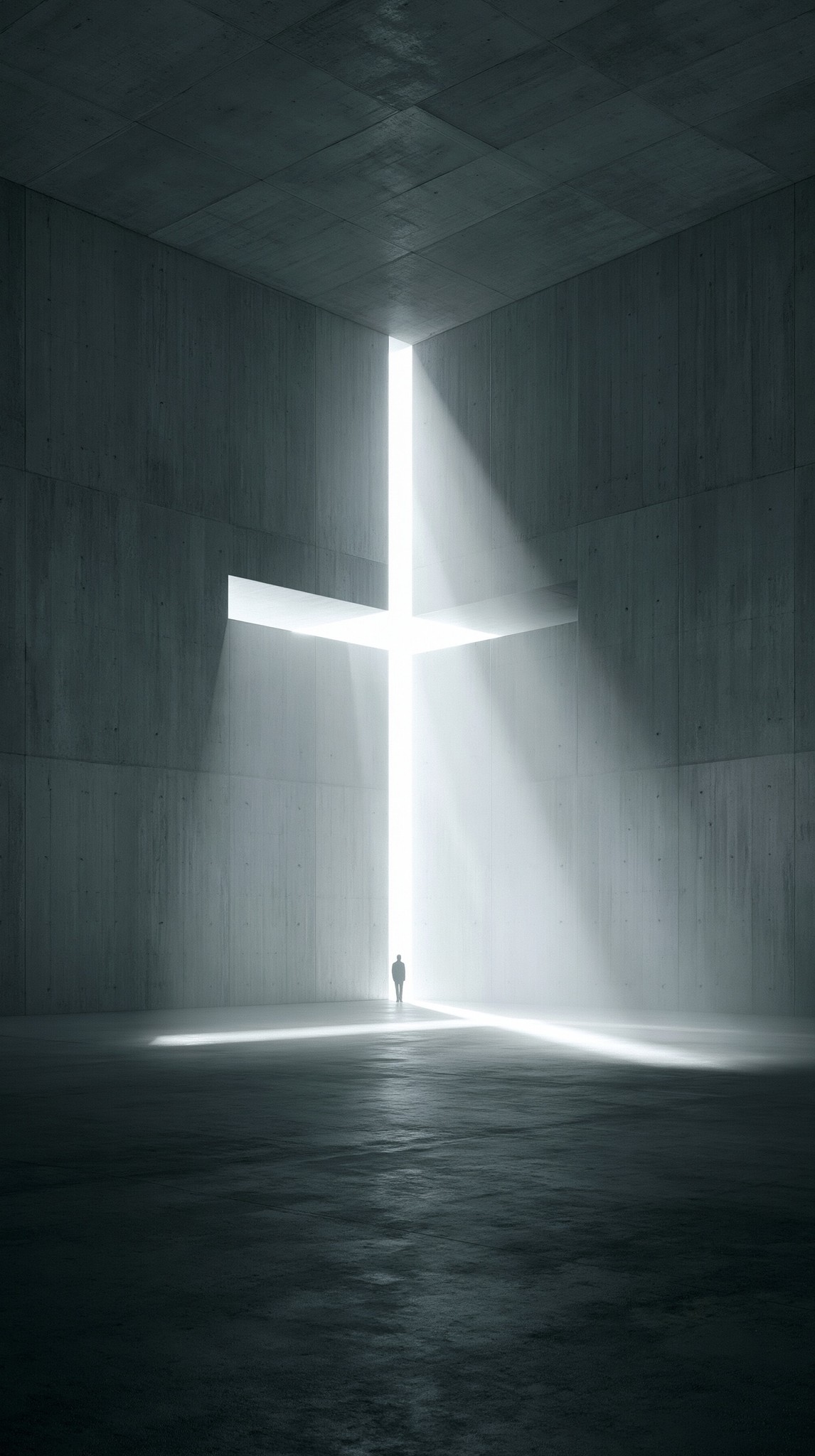 An empty expansive concrete room with a single large...