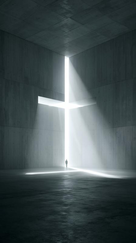 An empty expansive concrete room with a single large...