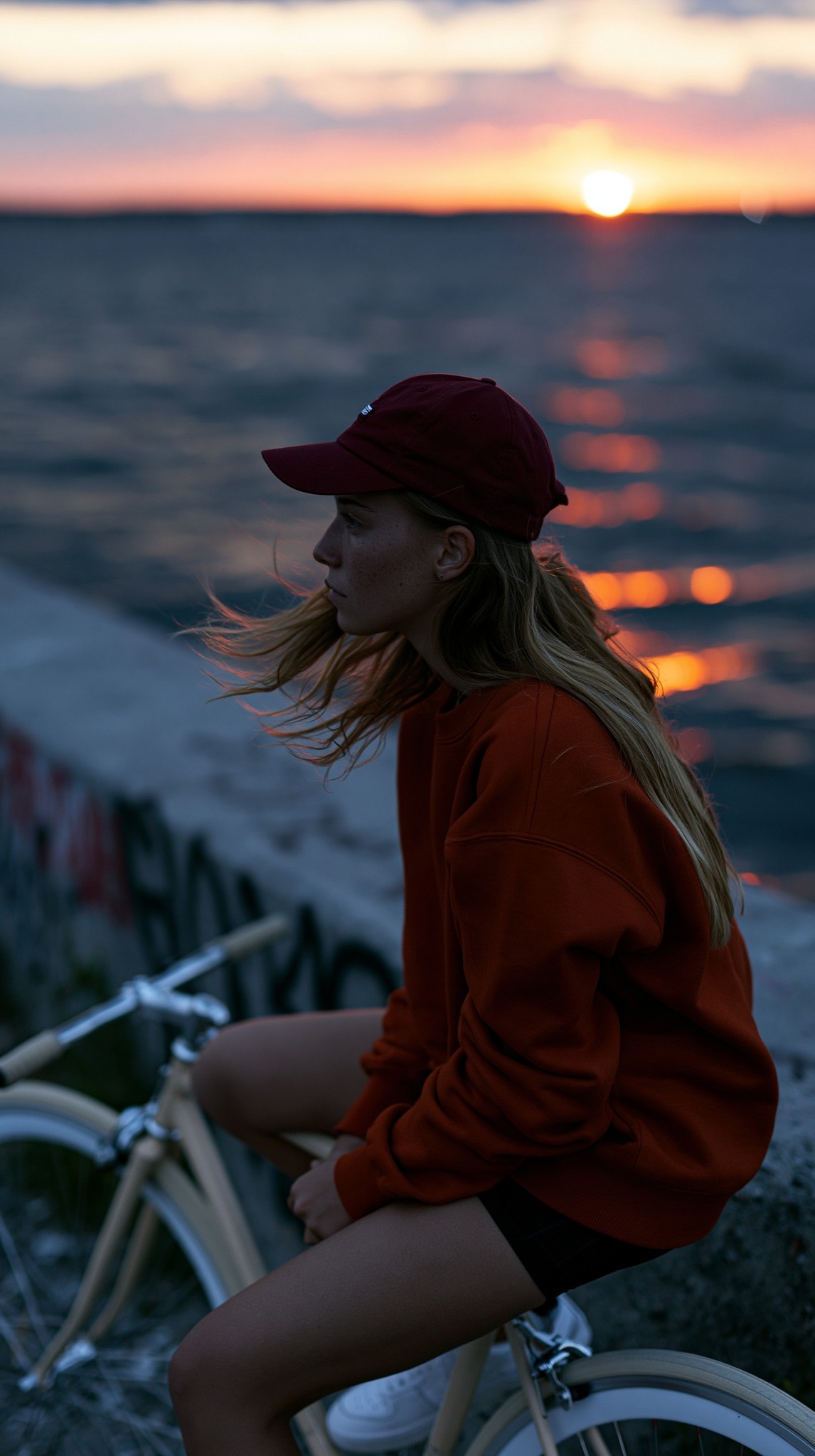 A young female athlete is sitting sideways on a...